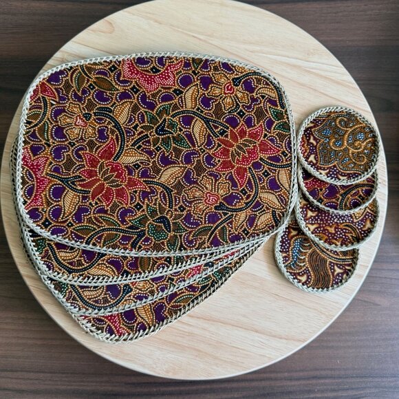 Vintage Bobo 70's Indonesian Batik Fabric & Straw Place Mats & Coasters Set Of 4 - Picture 1 of 7